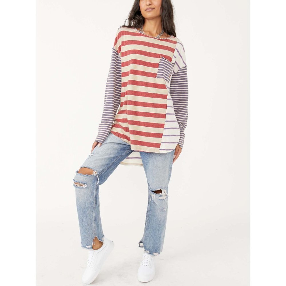 Free People Striped Long Sleeve Tee in Red, Navy & Cream